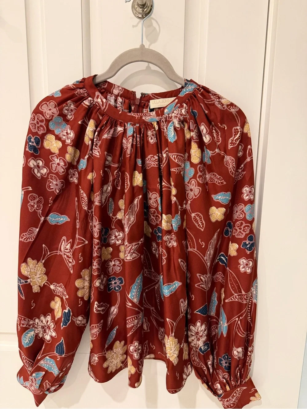 Ulla Johnson Marisol Burgundy Floral Silk Gathered-Neck Blouse